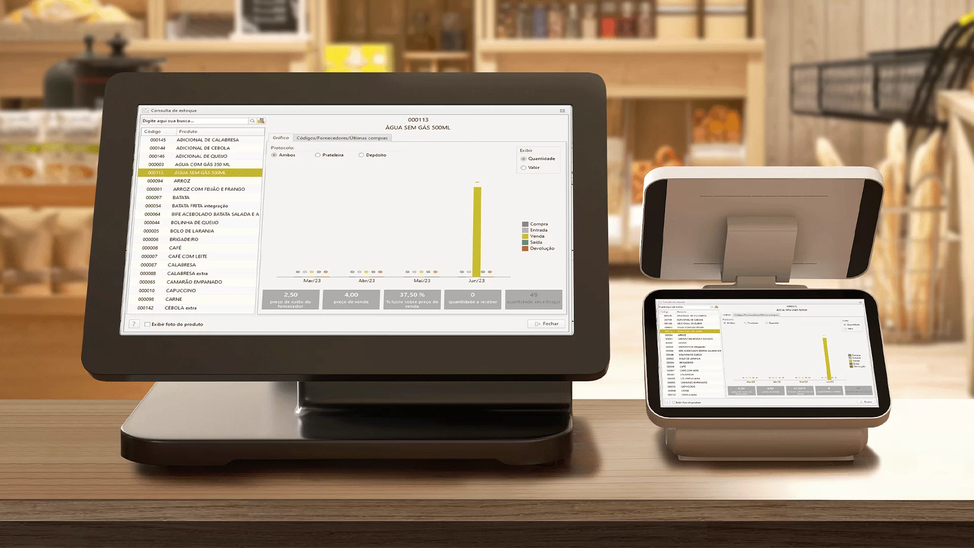 Interface do sistema de gestão de estoque mostrando dashboard e relatórios
